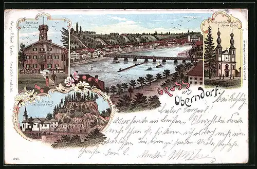 Lithographie Oberndorf bei Salzburg, Gasthaus zur Kaiserbuche, St. Pongratz am Haunsberg, Wallfahrtskirche