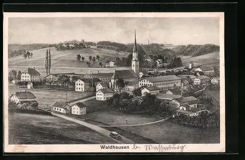 Künstler-AK Waldhausen / Schnaitsee, Totalansicht mit Kirche