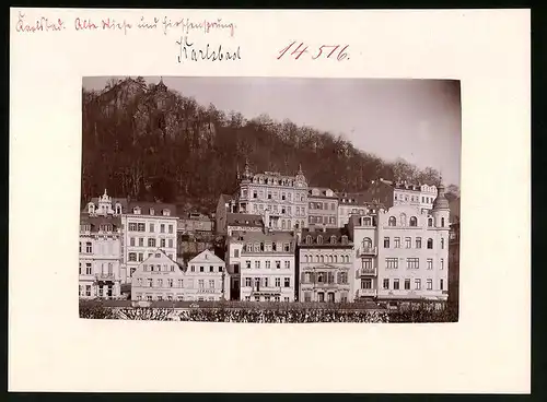 Fotografie Brück & Sohn Meissen, Ansicht Karlsbad, Alte Wiese und Hirschensprung, Hotel goldene Krone, Metropole, Strauss