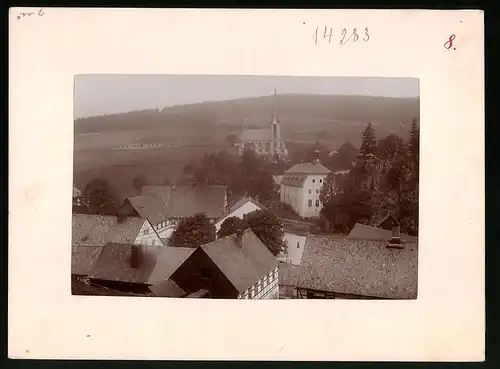 Fotografie Brück & Sohn Meissen, Ansicht Rechenberg i. Erzg., Blick auf den Ort mit Schule und Kirche