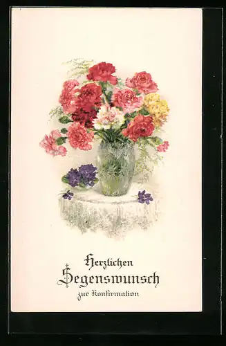 Künstler-AK Konfirmationsglückwunsch, Blumenvase mit Wildrosen, Stillleben
