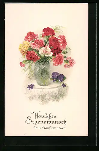 Künstler-AK Konfirmationsglückwunsch, Blumenvase mit Wildrosen, Stillleben