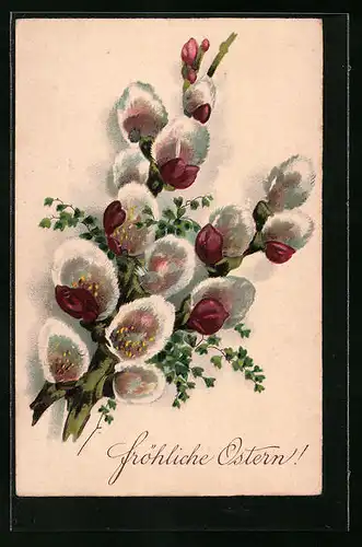 Künstler-AK Ostergrüsse mit Strauss voller Weidenkätzchen