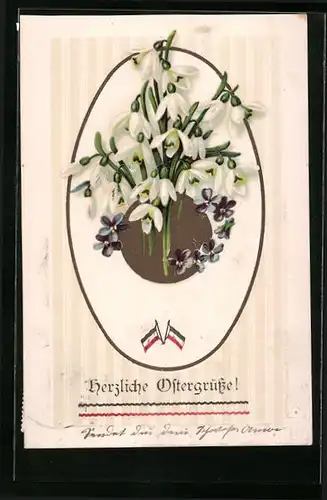 Präge-AK Ostergrüsse mit Schneeglöckchen und Veilchen, Farben des Kaiserreichs