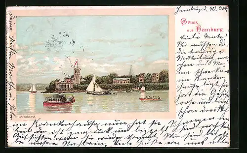 Lithographie Hamburg, Uhlenhorst vom Wasser aus