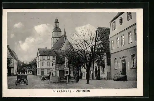 AK Kirchberg, Marktplatz mit Automobil