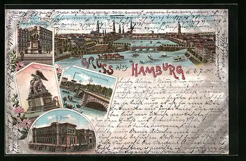 Lithographie Hamburg, Ortsansicht, Lombardsbrücke, Börse