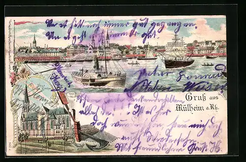 Lithographie Mülheim /Rh., Ortsansicht mit Schiffen, Neue Kath. Kirche