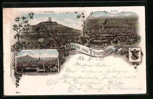 Lithographie Durlach, Thurmberg, Ortsansicht, Teilansicht mit Thurmberg