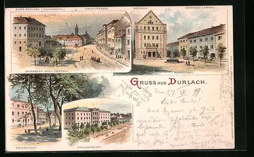 Lithographie Durlach, Rathaus, Gasthaus zur Krone, Amtsgericht