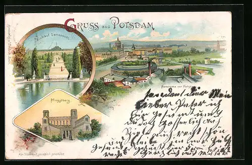 Lithographie Potsdam, Pfingstberg, Sanssouci, Panorama