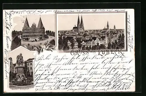 Lithographie Lübeck, Holstentor, Geibel-Denkmal, Teilansicht aus der Vogelschau
