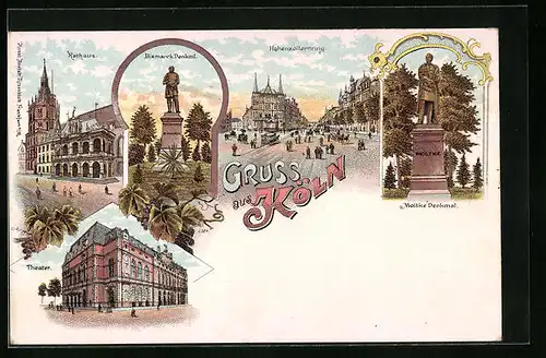 Lithographie Köln, Moltke Denkmal, Theater, Hohenzollernring