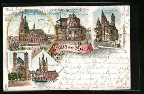 Lithographie Köln, St. Maria, St. Aposteln, Dom