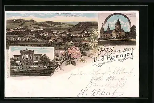 Lithographie Bad Kissingen, Ortsansicht vom Staffelberg, Casino