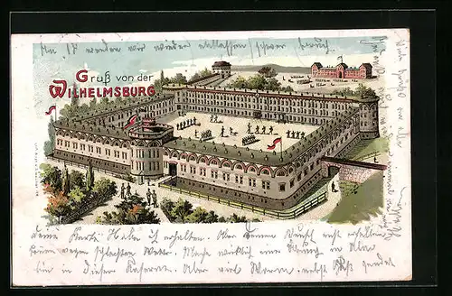Lithographie Ulm, Kaserne Wilhelmsburg aus der Vogelschau