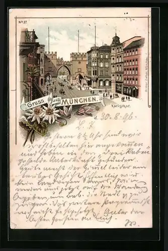 Lithographie München, Karlsthor aus der Vogelschau