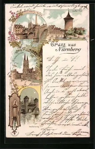 Lithographie Nürnberg, Laufer Thor, Henkersteg, Karls-Brücke