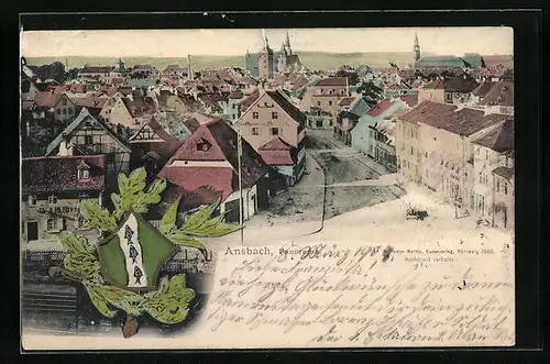 AK Ansbach, Panorama mit Gasthaus und Strassenpartie, Wappen