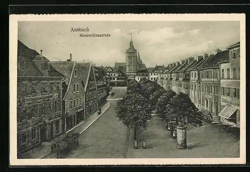 AK Ansbach, Maximilianstrasse mit Geschäften und Pferdewagen