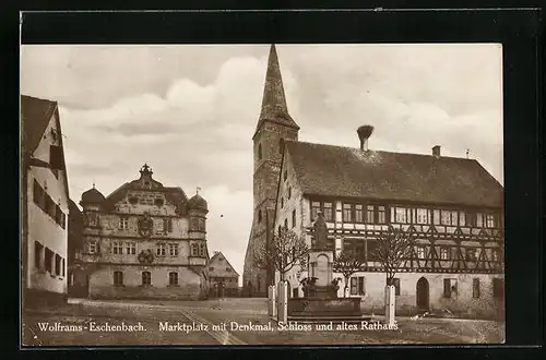 AK Wolframs-Eschenbach, Marktplatz mit Denkmal, Schloss und altes Rathaus