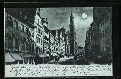 Mondschein-AK Augsburg, Carolinenstrasse und Perlachturm