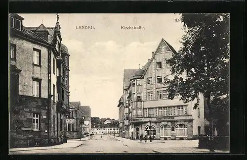 AK Landau, Kirchstrasse mit Konditorei & Cafe