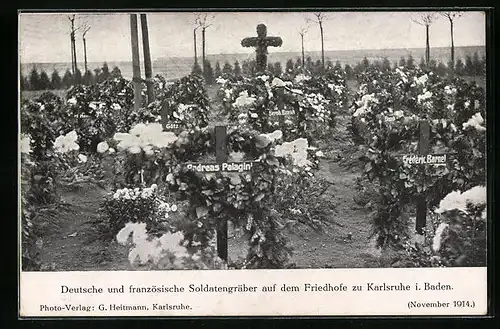 AK Karlsruhe i. Baden, Deutsche und französische Soldatengräber auf dem Friedhofe