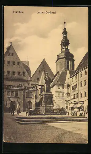 AK Eisleben, Luther-Denkmal mit Lederhandlung