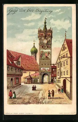 Künstler-AK Augsburg, Stadttor mit Kirche