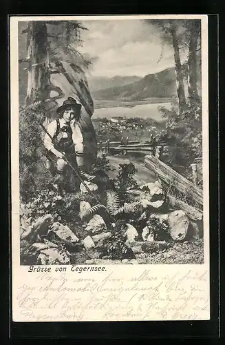 AK Tegernsee, Teilansicht und Junge in Tracht