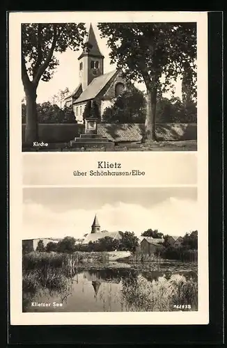 AK Klietz über Schönhausen /Elbe, Kirche, Klietzer See