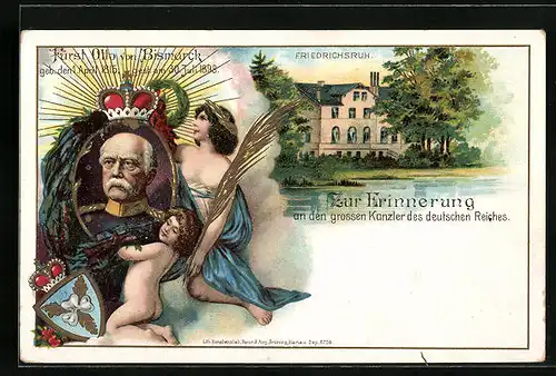 Lithographie Zur Erinnerung an Fürst Otto von Bismarck mit Friedrichsruh