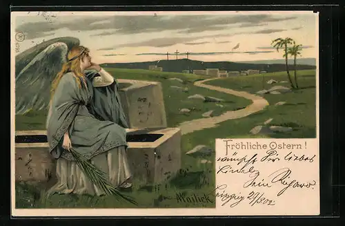 Künstler-AK Alfred Mailick: Fröhliche Ostern, Osterengel am Friedhof