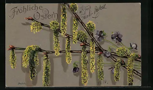 Künstler-AK Alfred Mailick: Fröhliche Ostern, geprägte Weidenkätzchen mit Veilchen