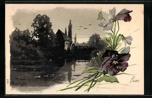 Künstler-AK Alfred Mailick: Wassermühle mit Blumendekor