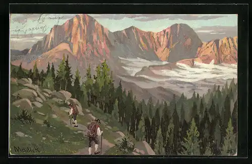Künstler-AK Alfred Mailick: Bergpanorama mit Wanderern