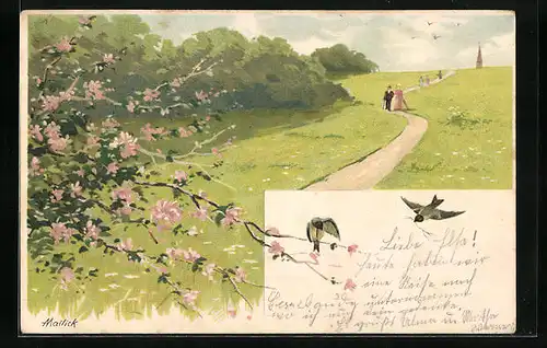 Künstler-AK Alfred Mailick: Spaziergänger mit blühenden Bäumen