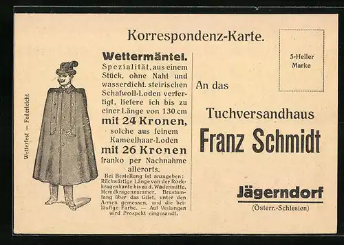 Künstler-AK Reklame Wettermäntel, Tuchversandhaus Franz Schmidt