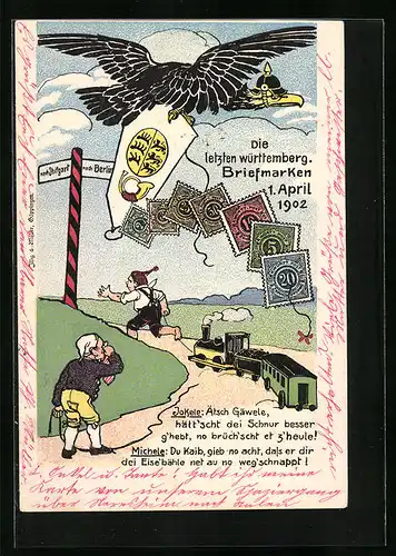 AK Preussischer Adler stiehlt die letzten württembergischen Briefmarken