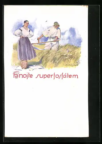 AK Reklame für Phosphatdünger, Bauern bei der Feldarbeit