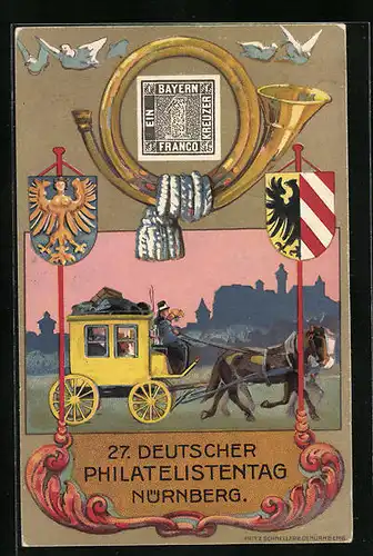 Künstler-AK Nürnberg, 27. Deutscher Philatelisten-Tag 22.-25.07.1921, Postkutsche und Briefmarke, Ganzsache