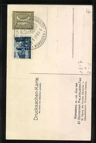 Künstler-AK Nürnberg, 27. Deutscher Philatelisten-Tag 22.-25.07.1921, Postkutsche und Briefmarke, Ganzsache