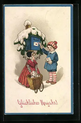 Künstler-AK Kinder werfen Briefe in den POstkasten