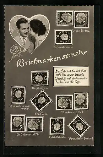 AK Erklärung der Briefmarkensprache, Liebespaar im Herz