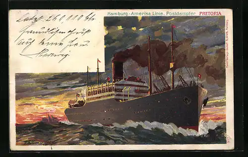 Künstler-AK Postdampfer Pretoria der Hamburg-Amerika Linie