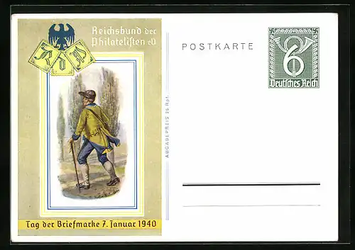 Künstler-AK Reichsbund der Philatelisten, Tag der Briefmarke 7.1.1940, Postbote, Ganzsache