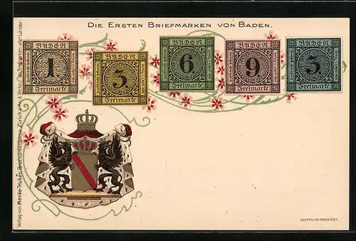 Künstler-AK Die ersten Briefmarken von Baden, Landeswappen