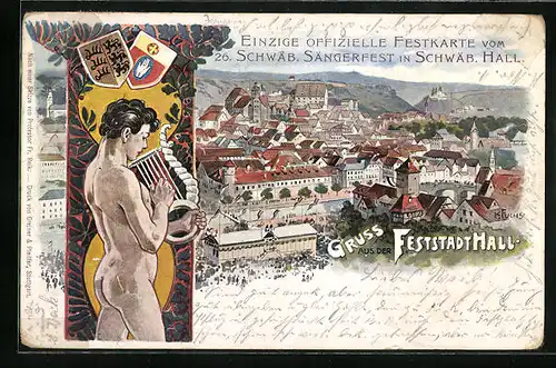 Künstler-AK Schwäbisches Sängerfest 1901 in Schwäb. Hall - Figur mit Lyra, Ortsansicht, Wappen, Ganzsache Württemberg