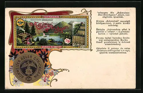 Künstler-AK Reklame Schweizer Adler-Strickgarn - Firmensignet, Schweizer Landschaft